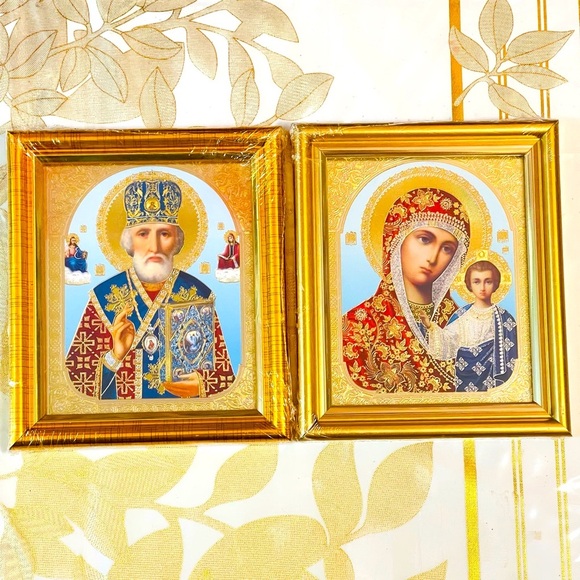 Set Of 2 Orthodox Icons Mother Of God St. Nicolas 4.5”x5.5”Framed - Picture 1 of 5